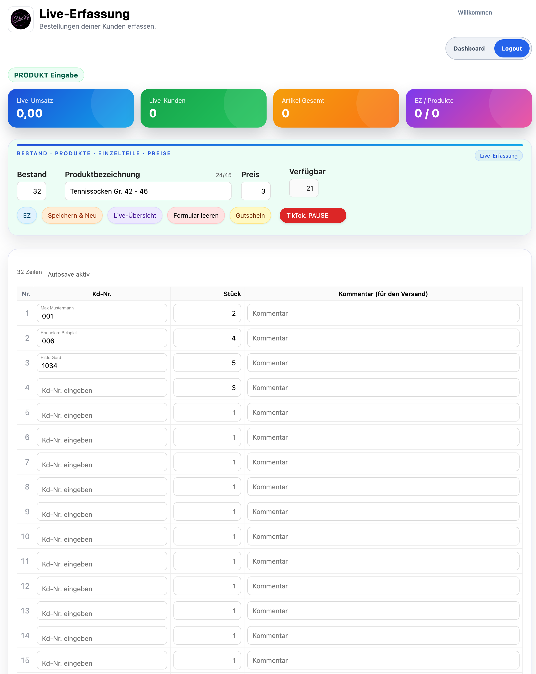 LiveCO24 Vorschau der Live-Erfassung im Browserfenster