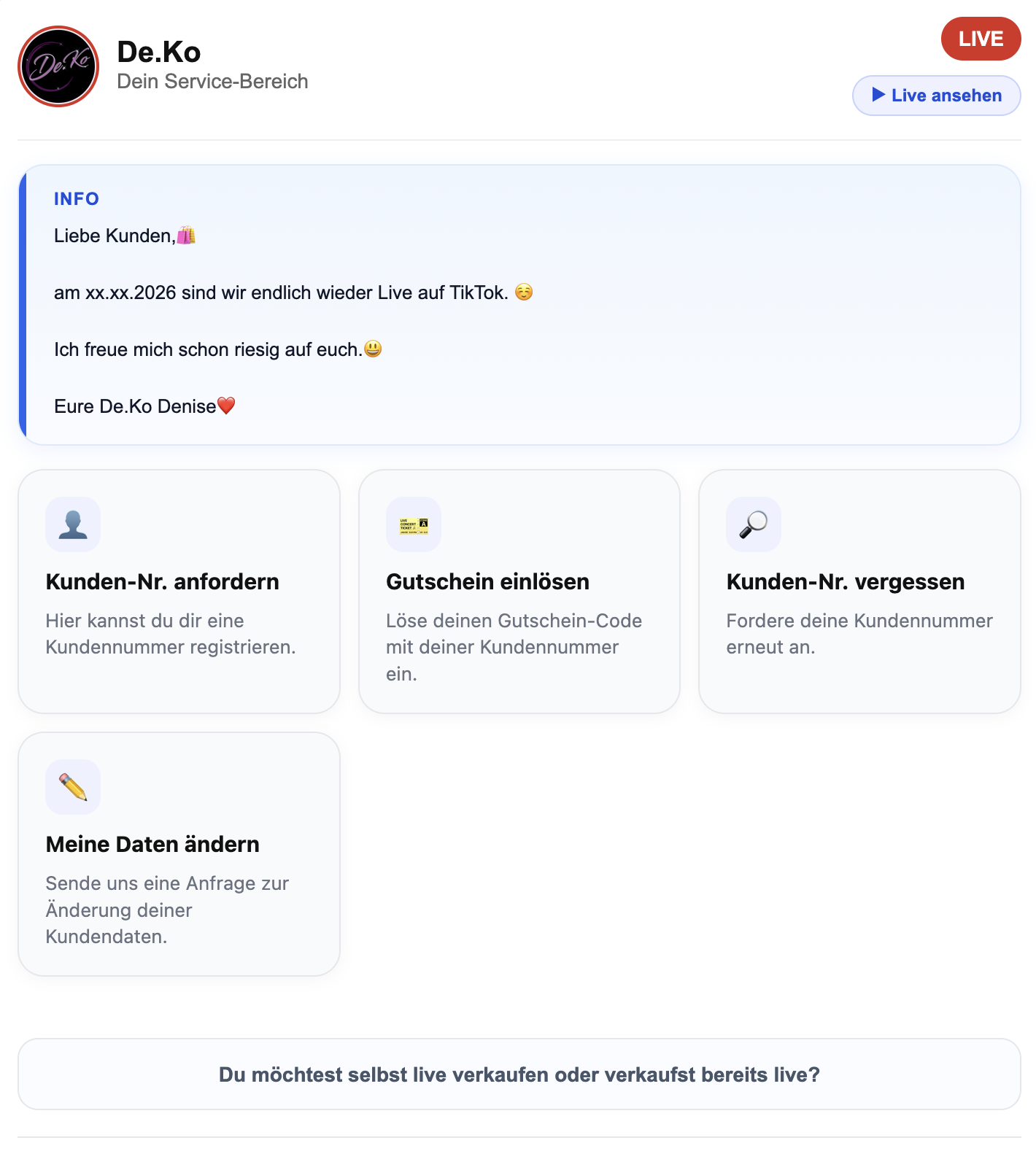 Screenshot des Kunden-Servicebereichs in LiveCO24